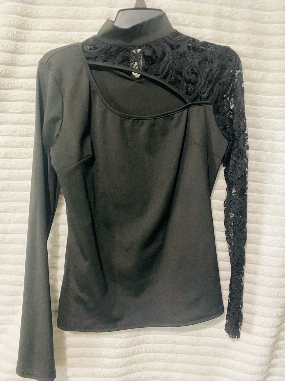 SHEIN Black Lace-Accent High Neck Long Sleeve Top